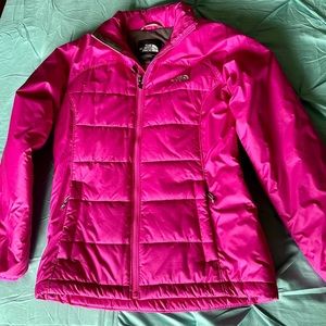 Women’s North Face jacket, bright pink, size small, mint condition.